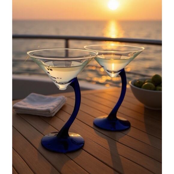 2 New Libbey Bravura Swerve Martini Glasses -Curved Cobalt Blue Stems Barware - Picture 1 of 5